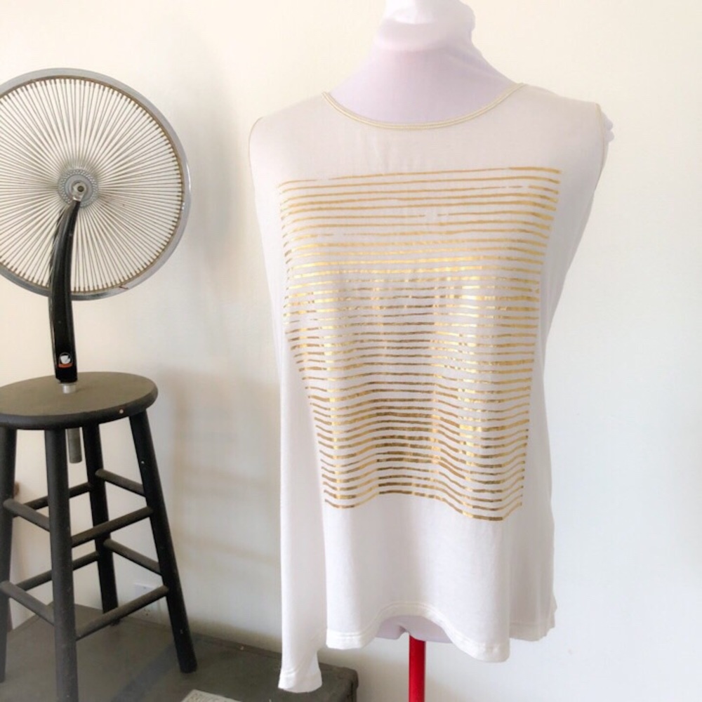 Asymmetrical White Muscle Tee with Gold Stripes